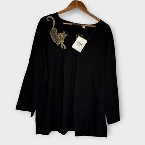 NWT Bob Mackie Wearable Art Embroidered Cat Shirt Metallic Gold Unique Black 2X